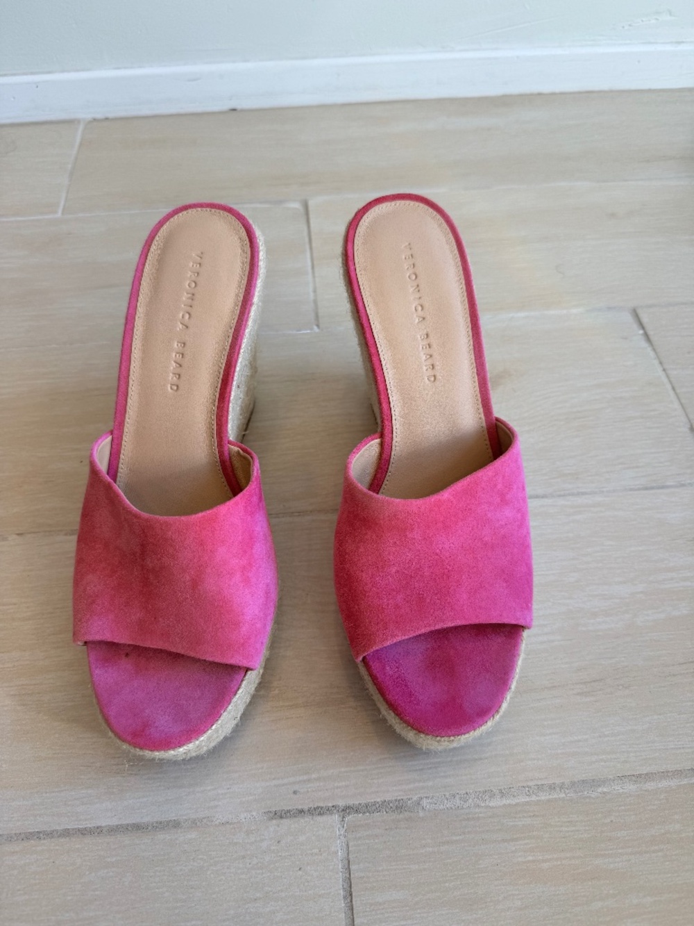Veronica Beard Dali Espadrille Wedge Sandals in bright pink/fuchsia suede, size